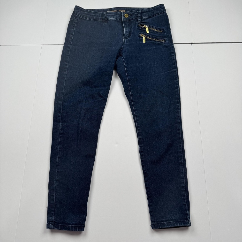 Michael Kors Skinny Jeans Womens 4P (28x25) Dark Blue Gold Zipper Detail Stretch